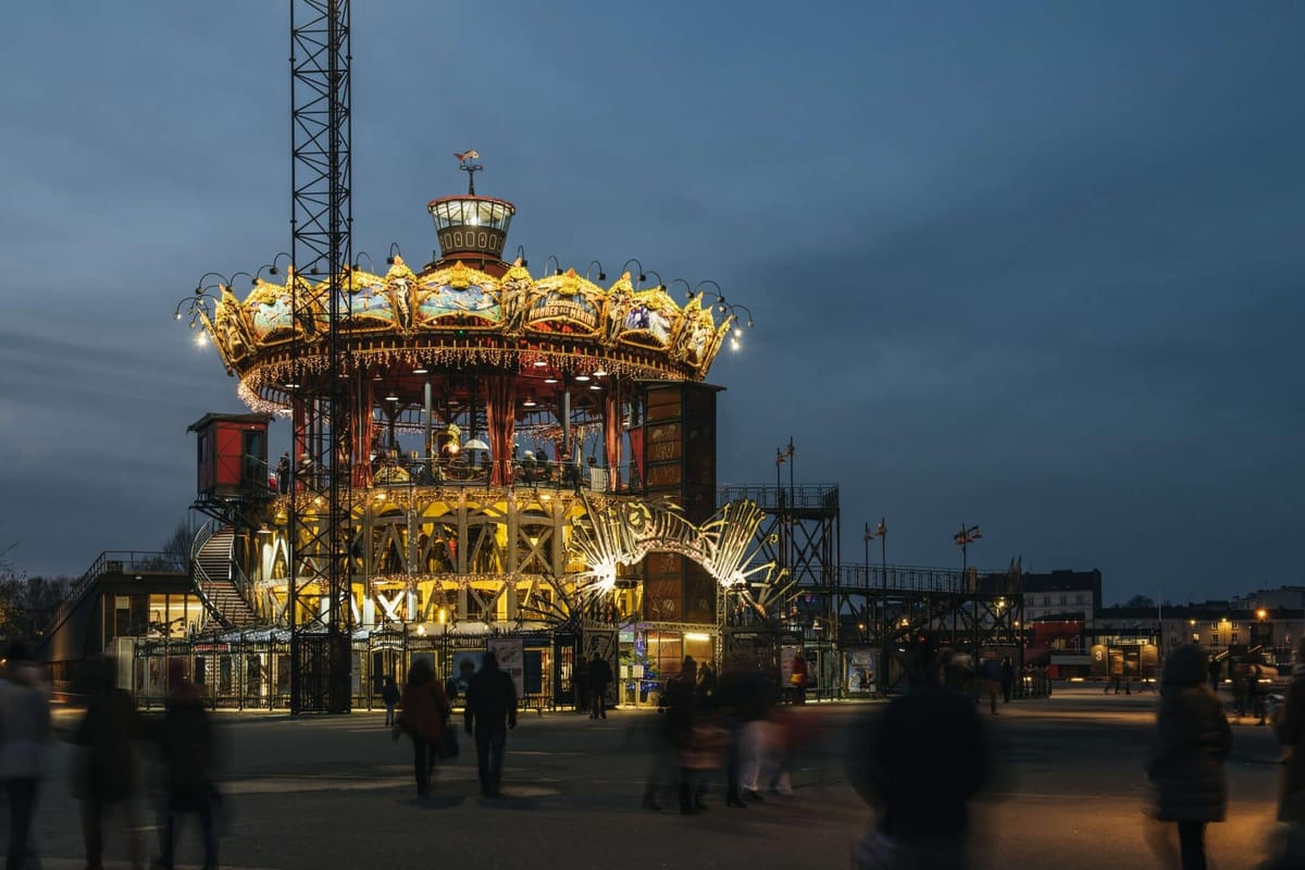 The Carrousel des Mondes Marins at nightfall